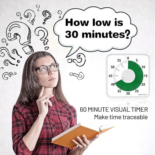 Secura 60-Minute Visual Countdown Timer, 7.5-Inch Oversize Classroom Visual Timer for Kids and Adults, Durable Mechanical Kitchen Timer Clock with Magnetic Backing (White-Green)