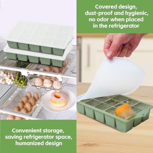 FANYITY Silicone Ice Cube Tray with Lid, Green, Pack of 4 Ice Cube Moulds, Silicone Mould, BPA-Free, Stackable Ice Cube Tray, Ice Cube Trays for Baby Porridge, Cocktail, Whiskey, Coffee