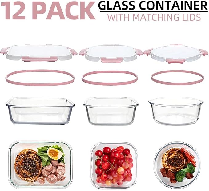 12 Pack Glass Storage Containers Transparent, Stackable Design Meal Prep Containers for Food Storage, Home, Kitchen & Pantry Organization, Microwave/Freezer/Dishwasher Safe