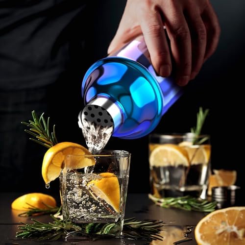 IOV Cocktail Shaker Bar Set, 24oz Martini Shaker with Built-in Strainer, Bar Tool Kit with Recipes Booklet, Professional Stainless Steel Large Bartender Drink Shaker Margarita Alcohol Mixer-Rainbow