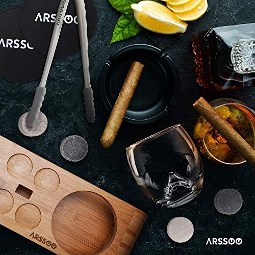 Whiskey Glass & Whiskey Stones Gift Set – 2 10Oz Scotch Bourbon Glasses, 4 Round Chilling Stones, 1 Ice Tong, 2 Coasters, Bamboo Stand & Velvet Bag – Unique Father's Day Birthday Gift for Men
