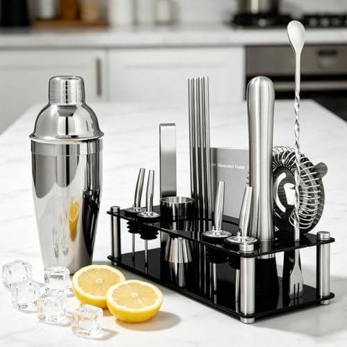14-Piece Cocktail Shaker Set with Stand, Bartender Kit, 25oz Shakers, Bar Set Cocktail Shaker Set, Jigger for Bartending Kit, Drink Mixer Set, Cocktail Set Recipes Booklet Home, Bar, Party (Silver)