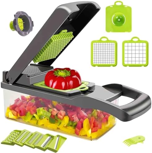 Vegetable Chopper, Onion Chopper, 10 in 1 Multifunctional Chopper With 8 Blades Veggie Chopper and Slicer, Dicing Machine, Carrot Chopper for Salad Potato Carrot Garlic（Gray-Green）, WG01-KLBK