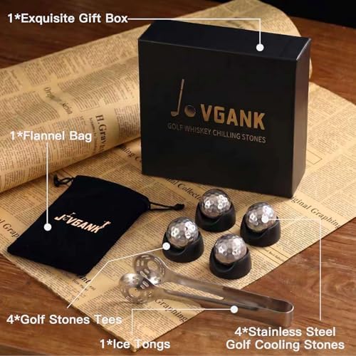 JOVGANK Golf Ball Whiskey Chilling Stones Set of 4 - Men's Golfer Gifts, Stainless Steel Reusable Ice Cubes, Metal Ice Balls for Scotch, Bourbon, Unique Fathers Day Birthday Gifts for Dad Him Husband