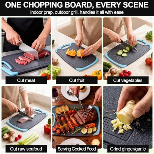 Plastic Cutting Boards for Kitchen non BPA, 3 Pieces, Dishwasher Safe, Aqua