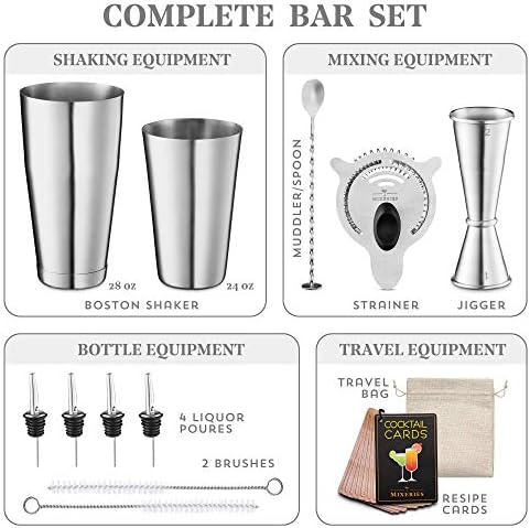 Boston Shaker Set Bartender Kit - 13 Piece Bar Set Cocktail Shaker Set - Drink Mixer for Home Bar with All Bar Accessories - Bar Tools: Cocktail Shaker, Jigger, Cocktail Strainer, Bar Spoon, Pourers.