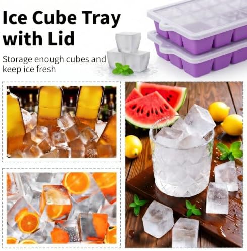 Silicone Ice Cube Tray 2 Pack, HANCELANT Ice Cube Mold, Ice Trays for Freezer with Lid for Whiskey, Cocktail, Drinks and Food, Freezer, BPA Free, Easy Release
