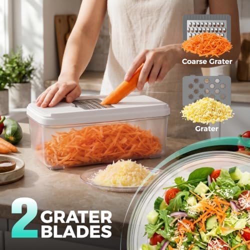 HAUSHOF 9-in-1 Vegetable Chopper & Mandoline Slicer, 7 Blades, Drain Basket