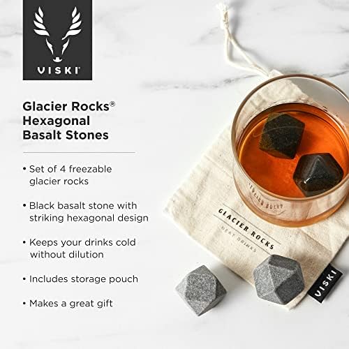 Viski Glacier Rocks Hexagonal Basalt Stones, Bourbon Stones, Whiskey Stones Set of 4, Chilling Stones for Drinks, Whiskey Accessories