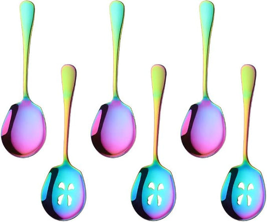 Serving Spoons Set, 3 Serving Spoons and 3 Slotted Serving Spoons, Rainbow Stainless Steel Serving Utensils for Buffet Can Banquet Cooking Kitchen - Mirror Polished