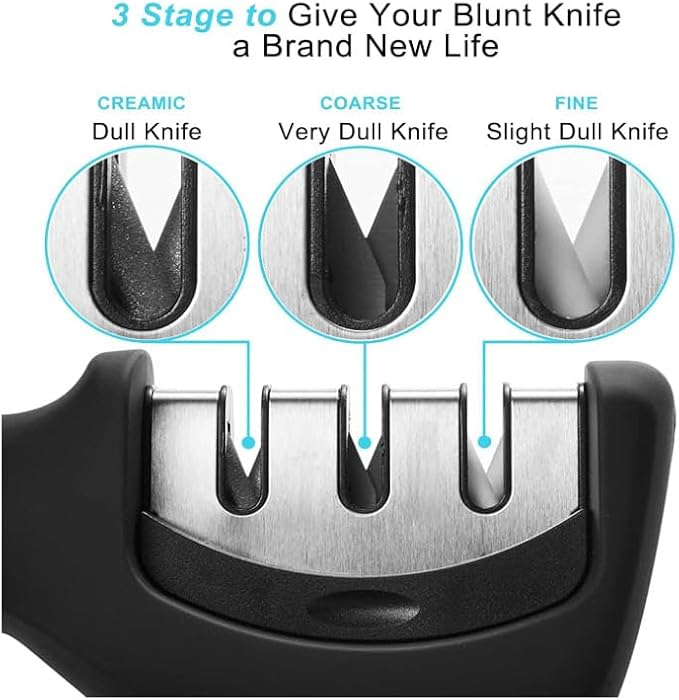 Professional 3-Stage Knife Sharpener with diamond, tungsten steel and ceramic slots. Sharpen kitchen knives, chef knives and scissors easily with this non-slip manual sharpener. (Black)