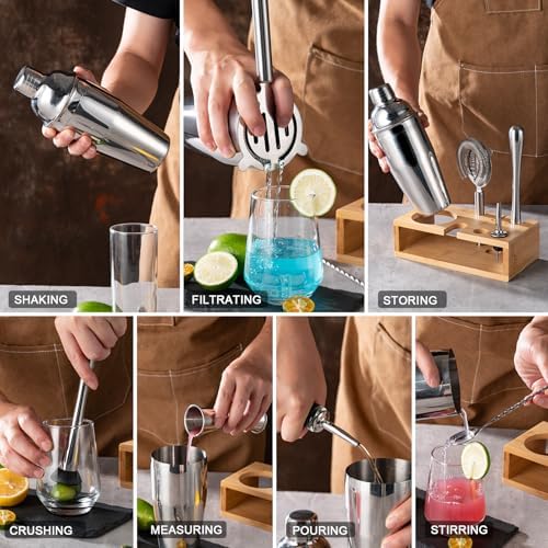 Briout Cocktail Shaker Set Bartender Kit with Stand, Silver