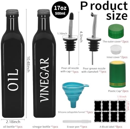 Olive Oil Dispenser Bottle,2 Pcs 17oz 500ml Glass O il and Vinegar Dispenser Set with 2 Stainless Steel Pourers, 8 Labels,Funnel Vinegar Bottles for Kitchen (Black)
