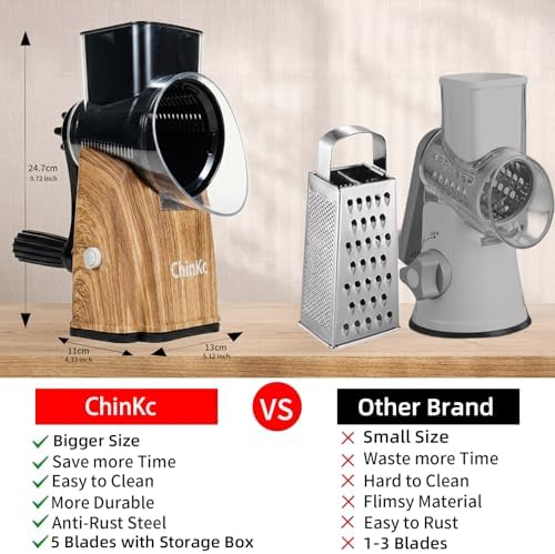 Upgrade Rotary Cheese Grater Shredder with Handle, Strong Suction Base, Multi-purpose Rotary Grater Slicer with 5 Interchangeable Blades for Ice, Vegetables, Fruit, Nuts with Blade Storage Box