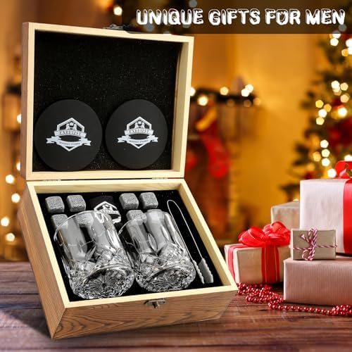Whiskey Stones Gift for Men, Whiskey Glasses Set of 2 with Premium Wood Box