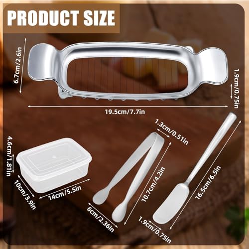 lasuroa 4pcs Butter Slicer Cutter Set with Storage Box, Stainless Steel Knife Spreader, Wire Cheese Slicer and Serving Tongs Kitchen Food Tool for Block Cheese and Butter