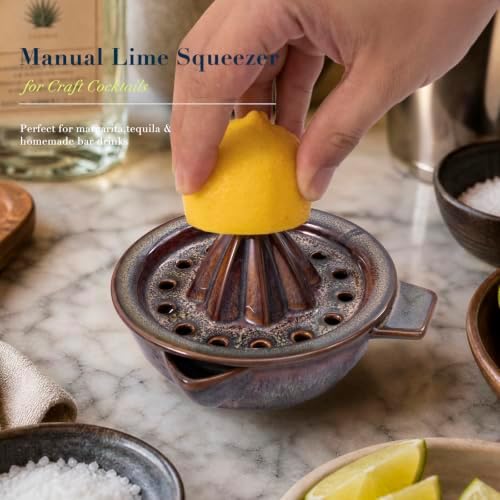 Lemon Orange Grapefruit Juicer Manual Squeezer Ceramic Hand Juicer Reamer Rotation Press with Strainer＆ 5oz Bowl, Pour Spout, Handle, Dishwasher Safe, Easy to Clean,Caramel Brown