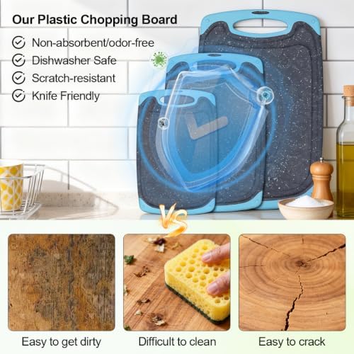 Plastic Cutting Boards for Kitchen non BPA, 3 Pieces, Dishwasher Safe, Aqua