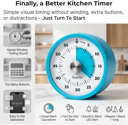 Searon Magnetic Kitchen Timer, 60-Minute Visual Dial (Blue)
