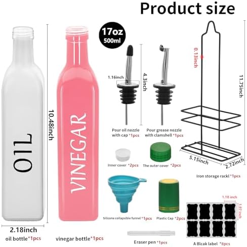 Farmhouse Oil and Vinegar Dispenser Set, 17 oz, beautiful olive oil dispenser, includes a black steel rack and a funnel, vintage cruets for vinegar and oil (White Oil & Pink Vinegar)