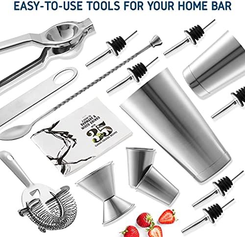 Bar Set Cocktail Shaker Set, Stainless Steel Mixology Bartender Kit, 16 Piece Cocktail Kit, Silver Cocktail Set, Bar Tools: 30oz Martini Shaker, Muddler, Bar Kit Cocktail Book, Jigger and Pourers