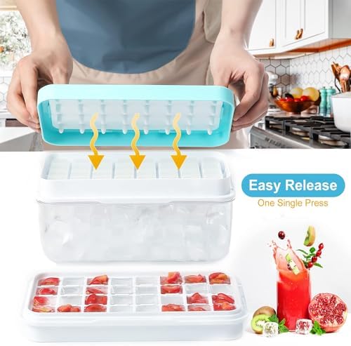 Ice Cube Tray with Lid and Bin, ZZWILLB 64 pcs Ice Trays for Freeze with 2 Trays, Ice Cube Pop Out Tray for Freezer, Ice Cube Molds, BPA Free, Easy Release Stackble Spill-Resistant (Blue)