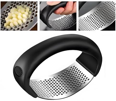 Stainless Steel Garlic Press - Manual Crusher & Mincer with Ergonomic Handle for Easy Cleaning - Essential Kitchen Tool for Chopping & Mincing Garlic, Best Home Cooking Gadget