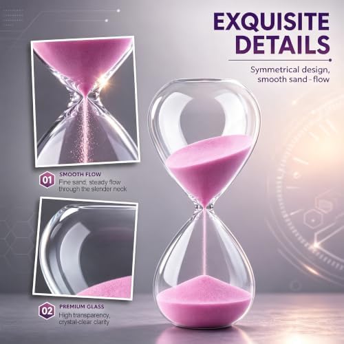 Hourglass, HoveBeaty Pink Sand Timer, 15 Minute Hand-Blown Glass
