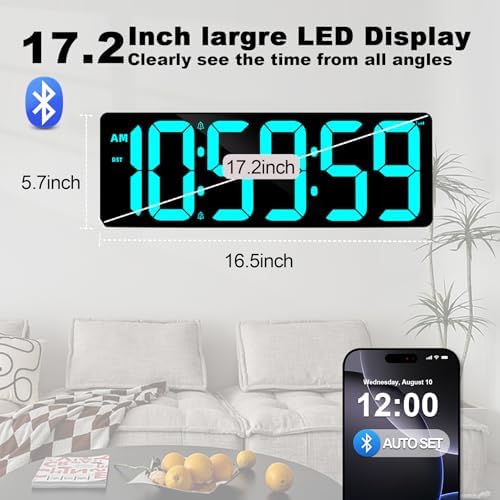 TXL 17.2" Bluetooth Digital Wall Clock with Seconds, Large Countdown Timer for Classroom Home Gym Kitchen Office, Alarm Clock with Remote Control, 4 Dimmable Brightness, Auto DST (Ice Blue)