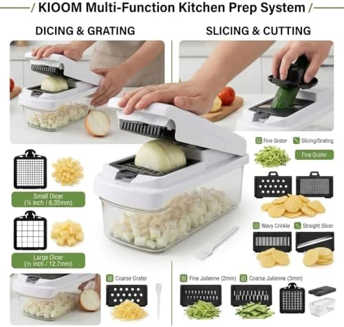 Vegetable Chopper 15 in 1 with Container – Mandoline Slicer, Onion Chopper Dicer, Food Chopper, Cheese Grater & Veggie Slicer for Kitchen Meal Prep | KIOOM