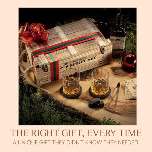 Mixology & Craft Whiskey Gift Set - Includes 2 Lead-Free Crystal Glasses, 8 Granite Chilling Stones, 2 Slate Coasters, Metal Tongs & Recipe Cards with a Wooden Army Crate Box