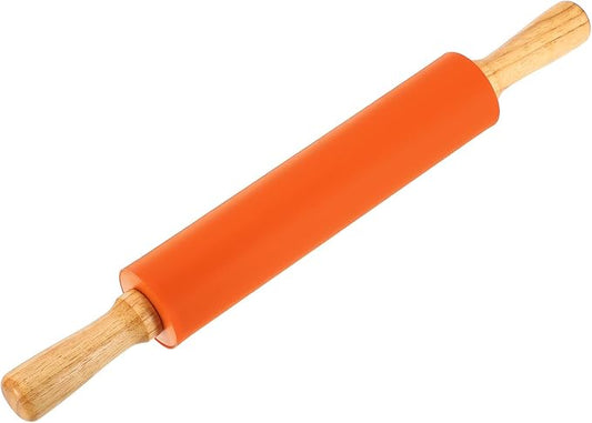 uxcell 9.6 Inch Silicone Rolling Pin, Small Dough Roller with Wood Handle for Pizza Pastry Fondant Kitchen, Orange