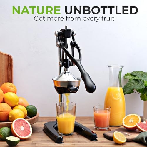 Zulay Kitchen Pulperizer 9 in 1 Cast Iron Juicer - Easy-to-Clean Heavy-Duty Manual Juicer with Presser Attachment to Juice All Types of Fruits! Extra Tall with Stainless Steel Bowl - Black