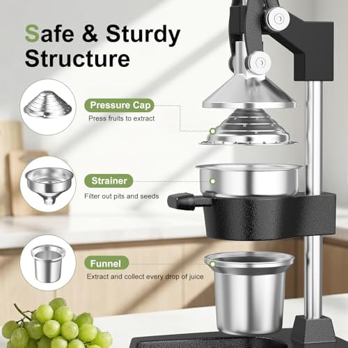 Manual Cast Iron Juicer, Commercial Hand Juicer Squeezer with Stainless Steel Cup Heavy-Duty Manual Juicer Hand Press Countertop Citrus Juice Press for Orange, Lemon, Pomegranate, Grapefruit
