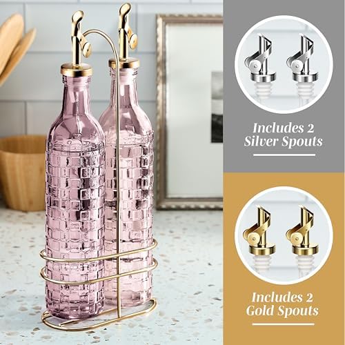COOK WITH COLOR Glass Olive Oil Bottle Dispenser - 2 Pack- 17oz Oil and Vinegar Cruet - Olive Oil Carafe Decanter for Kitchen, Checkered, Pink