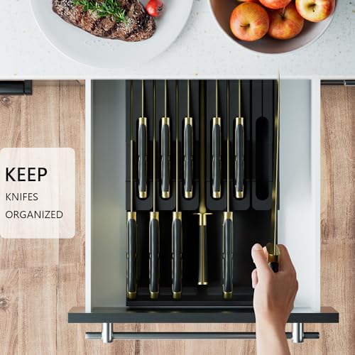 Domax Bamboo In-Drawer Knife Block - Kitchen Drawer Organizer Insert, Steak Knife Holder without Knives, Fits 12 Knives and 1 Sharpening Steel (Not Included), Black