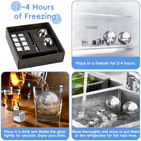 Whiskey Stones Set - Reusable Stainless Steel Ice Cubes & Balls