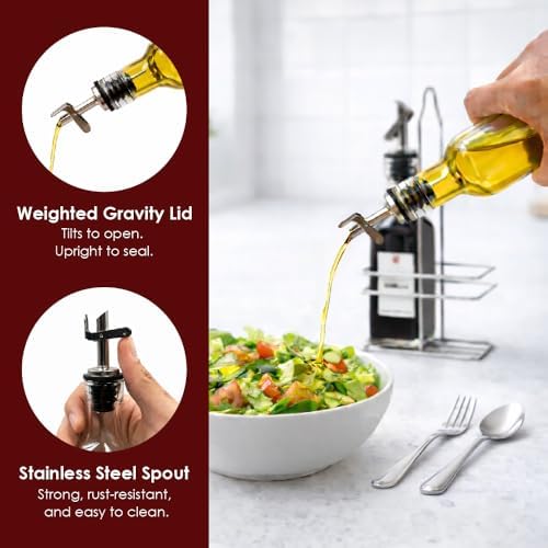 6 Oz Oil and Vinegar Bottle Cruet Set with Wire Caddy – 2 Pack Glass Dispenser Bottles (Stainless Steel Spout)