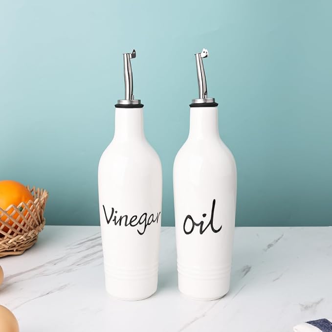 13 OZ Ceramic Oil and Vinegar Dispenser Bottle Set (White) | Ceramic, farmhouse, 13oz, set, drip-free, easy-clean