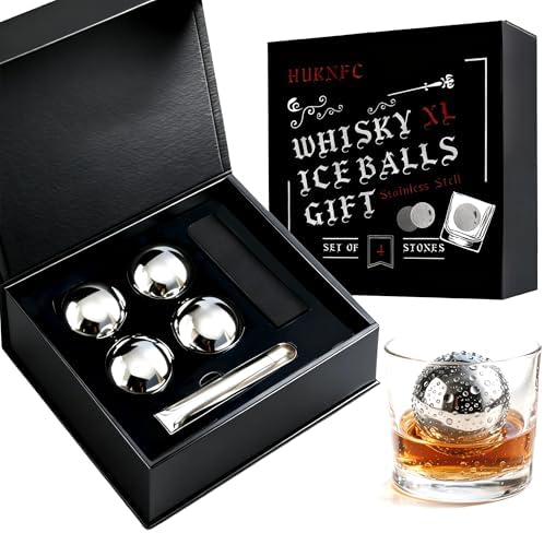 XL Reusable Whiskey Stones Gift Set - 4 Pack 2.2" (55mm) Stainless Steel Ice Balls for Bourbon, Scotch,Chill Without Dilution with Tongs & Gift Box