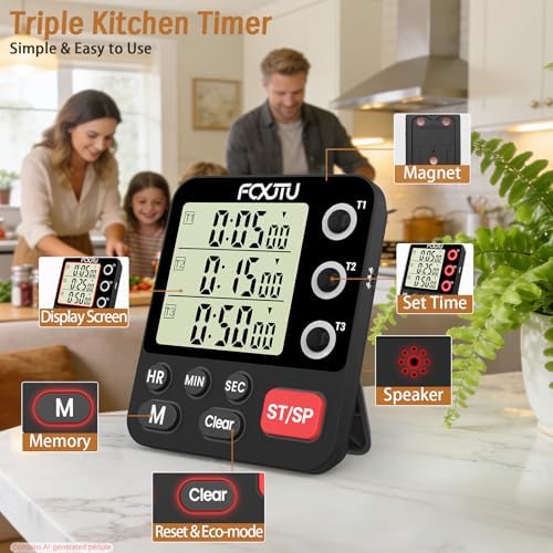 Digital Dual Kitchen Timer, 3-Channel Triple Magnetic Countdown for Cooking