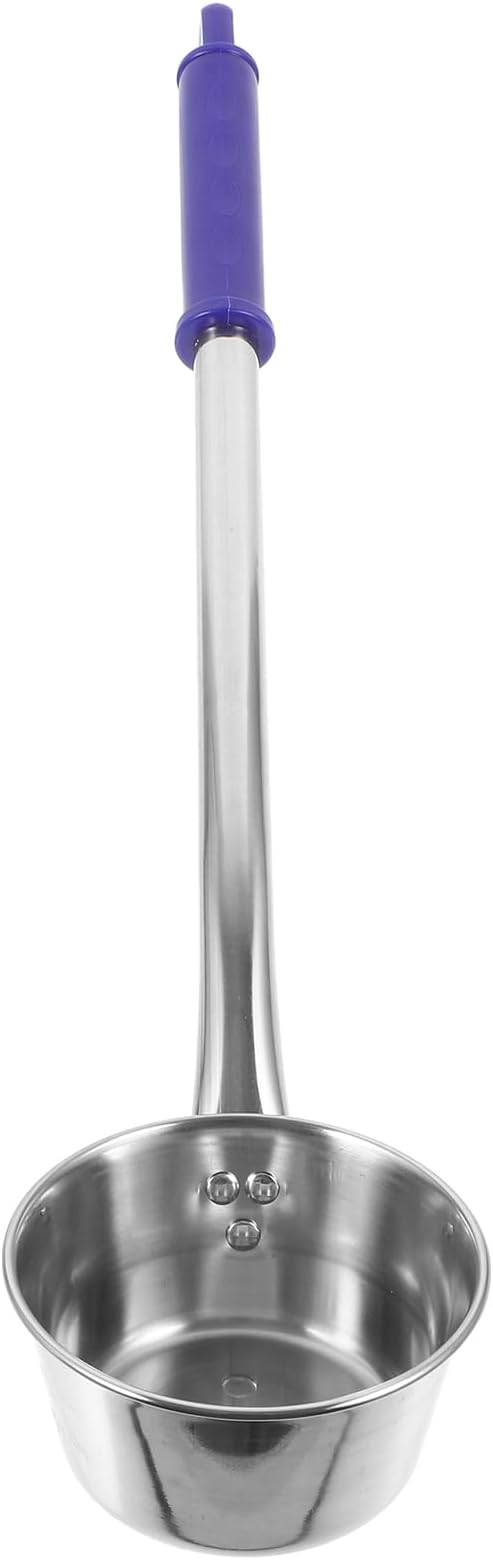 MAGICLULU 15 Inch Long Handle Water Scoop, Stainless Steel Metal Ladle with Blue Grip for Kitchen Cooking, Deep Pot Soup Spoon, Versatile Canning Dipper, Hangable Home Garden Cooking Utensil