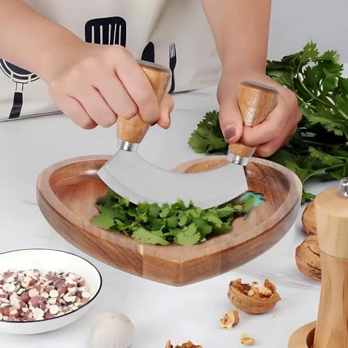 Mezzaluna Chopper Rocking Knife with Sharp Blades,ULU Knife As a Veggie Rocker Pizza Cutter Kale Herbs Chopper Cheese Slicer