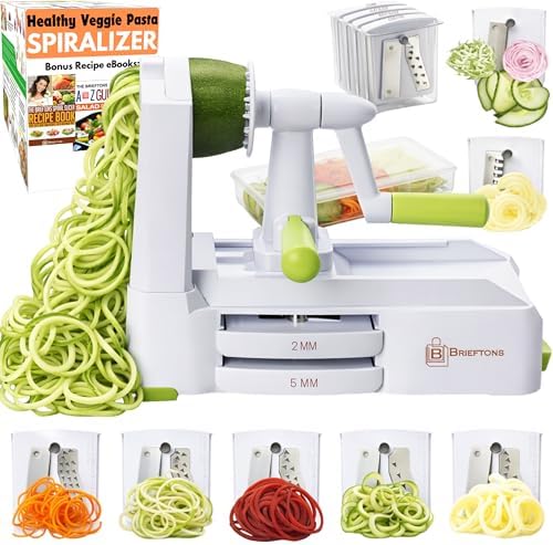 Brieftons 7-Blade Vegetable Spiralizer: Veggie Noodle Maker with Curly Fry & Crinkle Chip Blades, Catch Container, Keep-Fresh Lid, Blade Caddy, 4 eBooks | Low Carb, Vegan, Gluten-Free, Keto, Paleo