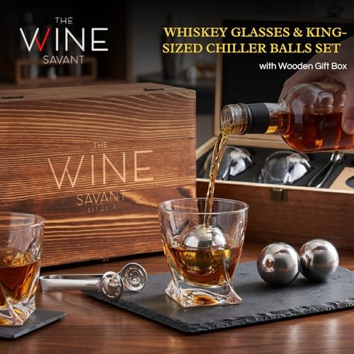 Whiskey Stones Gift Set - Whiskey Glass Set of - 2 King-Sized Chilling Stainless-Steel Whiskey Balls - Scotch Bourbon Box Set - Best Drinking Gifts - Men Dad Husband Birthday Party Present