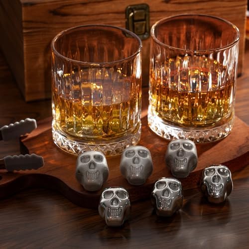 Whiskey Gift Set – 2 Bourbon Glasses with 6 Skull Whisky Stones, Cool Bourbon Scotch Set Gifts, Skull Gifts for Men Dad Husband, Drinking Gift for Holiday Father's Day Birthday