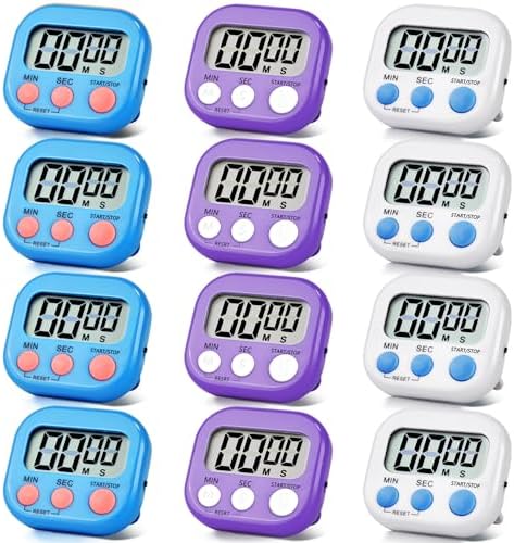 12 Pack Digital Kitchen Timer Magnetic Digital Timer with Big Display Loud Ring Cooking Timers for Kitchen Electronic Timer for Cooking, Bathing, Gym, Break Time, Classroom(12,White,Blue,Purple)