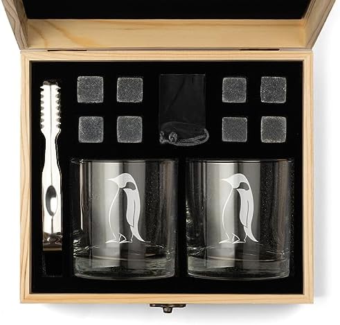 Whiskey Glass Gift Box Set with Whiskey Stones and 2 Rocks Glasses Emperor Penguin