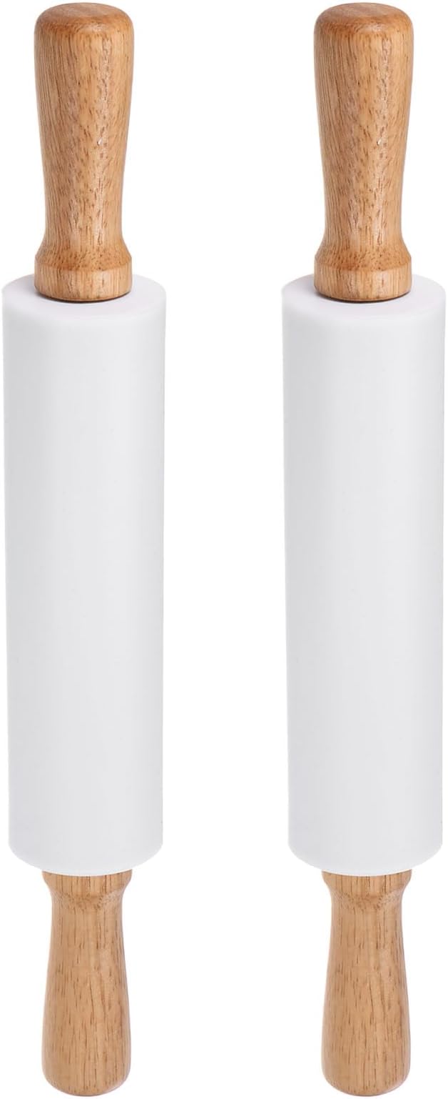 HARFINGTON 2pcs Silicone Rolling Pins for Baking 14.96 Inch Non-Stick Silicone Surface Wooden Handle Rolling Pin Small Roller Playdough Rolling Pins for Fondant Kitchen Dough Pizza, White