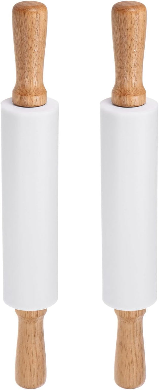 HARFINGTON 2pcs Silicone Rolling Pins for Baking 14.96 Inch Non-Stick Silicone Surface Wooden Handle Rolling Pin Small Roller Playdough Rolling Pins for Fondant Kitchen Dough Pizza, White